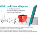 Wózek na kółkach pod koszyki sklepowe - dwa modele wózków i czerwone kosze na podstawce