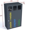 Kosz do segregacji Etna Mini III 3x30 l - widok z przodu z wymiarami 600x300x950 mm