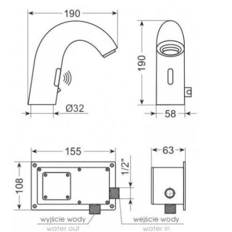 Bateria bezdotykowa AG-8025E - rysunek techniczny z wymiarami i przyłączami wody