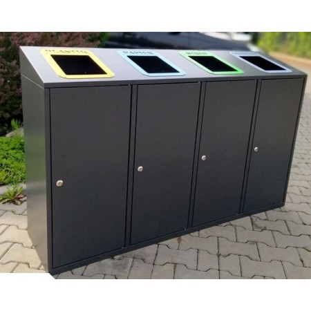Kosz do segregacji odpadów Etna IV skośny 4x80 l, stal ocynkowana malowana, napisy wycinka laserowa Krajowy Kosze do segregacji 