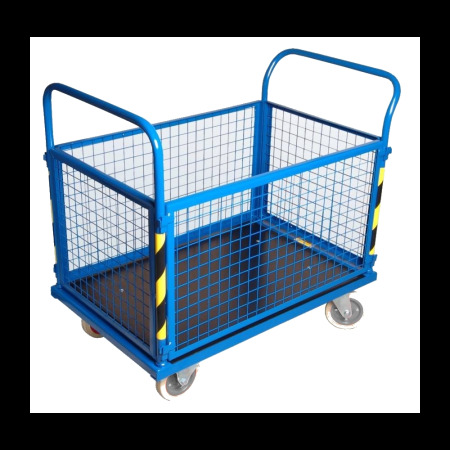 Wózek platformowy, transportowy, magazynowy, ROMEK VII 1250x630, zabudowany siatką Krajowy Wózki platformowe - 4store.pl