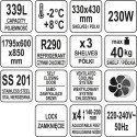 Szafa chłodnicza 339 l - piktogramy z parametrami technicznymi