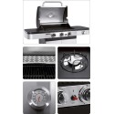 Grill gazowy 3+1 11,2 kW - kolaż z rusztem, palnikiem bocznym, termometrem i pokrętłami