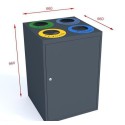 Kosz do segregacji odpadów Cube IV 4x80l - widok z przodu z wymiarami 660x660x960 mm