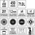 Garnek wysoki z pokrywką 45x45 cm 71 L - piktogramy z parametrami i właściwościami