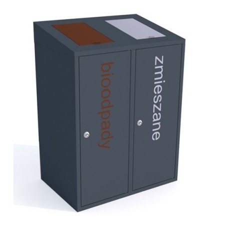 Kosz do segregacji odpadów Etna II skośny 2x40 l z klapkami, napisy sitodruk Kra03 Kosze do segregacji 2-modułowe - 4store.pl