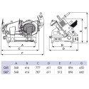 Krajalnica grawitacyjna półautomatyczna Ø 350 mm - rysunek techniczny z wymiarami modeli GB5 i GB7