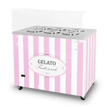 Dystrybutor do lodów, witryna do lodów, konserwator, retro, okrągłe kuwety, GELATO POZETTI 6 PINK Imp02 Wyspy mroźnicze (bonety)