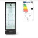Lodówka na napoje 1-drzwiowa 287 l - widok z przodu i etykieta energetyczna klasy E