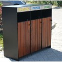 Kosz do segregacji odpadów Ajaks I 3x80 l - widok z przodu i boku, napisy plastik, papier, szkło