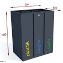 Kosz do segregacji Satis III mini 3x30 l - wymiary 600x400x750 mm, napisy plastik, papier, szkło