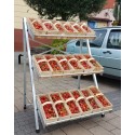 Regał wystawowy składany aluminiowy - widok z przodu z truskawkami w łubiankach na półkach