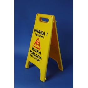 Znak, stojak ostrzegawczy informujący o śliskiej podłodze, żółty, z nadrukiem, 2-stronny