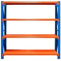 Regał magazynowy Mega-M FORTIS LIGHT 200x200x50 cm - widok z przodu, niebieskie słupy i pomarańczowe półki