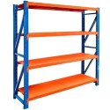 Regał magazynowy 4-półkowy FORTIS LIGHT 200x200x50 cm - widok z przodu pod kątem, niebieskie słupki i pomarańczowe półki