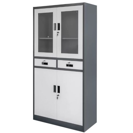 Szafa biurowa metalowa na dokumenty Mega-M WENUS przeszklone drzwi 2 szuflady S-90 cm G-40 cm H-185 cm grafitowa szary front kreuj swój biznes z Wyposażenie sklepów i instytucji  - Kreuj swój biznes z 4store.pl