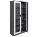 Szafa metalowa przeszklona Wenus 90x40x185 cm - widok z boku z otwartymi drzwiami i półkami