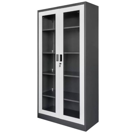 Szafa biurowa metalowa na dokumenty Mega-M WENUS przeszklone drzwi S- 90 cm G- 40 cm H-185 cm grafitowa szary front kreuj swój biznes z Wyposażenie sklepów i instytucji  - Kreuj swój biznes z 4store.pl