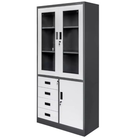 Szafa biurowa metalowa na akta Mega-M WENUS przeszklone drzwi 4 szuflady S- 90 cm G- 40 cm H-185 cm grafitowa szary front kreuj swój biznes z Wyposażenie sklepów i instytucji  - Kreuj swój biznes z 4store.pl