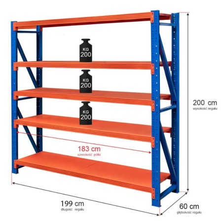 Regał metalowy magazynowy 5-półkowy Mega-M FORTIS LIGHT H-200 cm L-200 cm G-60 cm moduł bazowy kreuj swój biznes z Wyposażenie sklepów i instytucji  - Kreuj swój biznes z 4store.pl