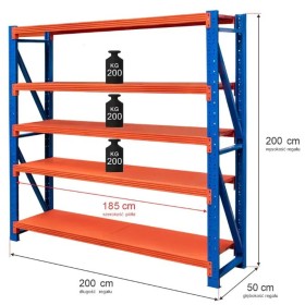 Regał metalowy magazynowy 5-półkowy Mega-M FORTIS LIGHT H-200 cm L-200 cm G-50 cm moduł bazowy