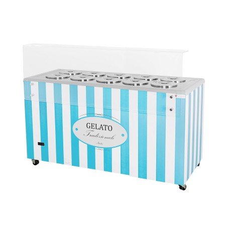 Dystrybutor do lodów, witryna do lodów, konserwator, retro, 10 tub, okrągłe kuwety, 1503x670x895 mm, GELATO POZETTI 10 BLUE kreuj swój biznes z Wyposażenie sklepów i instytucji  - Kreuj swój biznes z 4store.pl