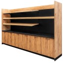 Regał ekspozycyjno-sprzedażowy zakasowy Mega-M H- 230 cm L- 364 cm G- 63 cm dąb kraft/czarny