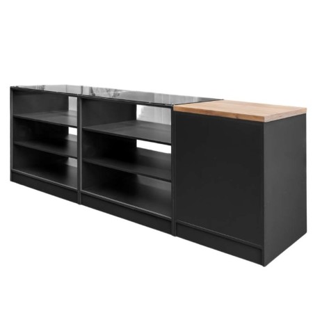 Lada sklepowa sprzedażowa impulsowa z przeszkloną górą i frontem Mega-M H-90 cm L-270 cm G-60 cm antracyt/blat dąb kraft kreuj swój biznes z Wyposażenie sklepów i instytucji  - Kreuj swój biznes z 4store.pl