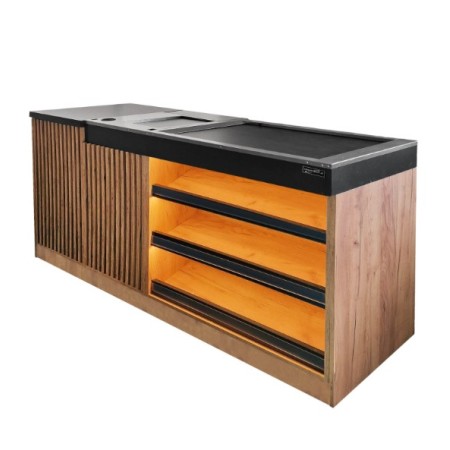 Lada sklepowa sprzedażowa impulsowa z taśmą automatyczną Mega-M H- 92 cm L- 200 cm G- 65 cm dąb kraft kreuj swój biznes z Wyposażenie sklepów i instytucji  - Kreuj swój biznes z 4store.pl