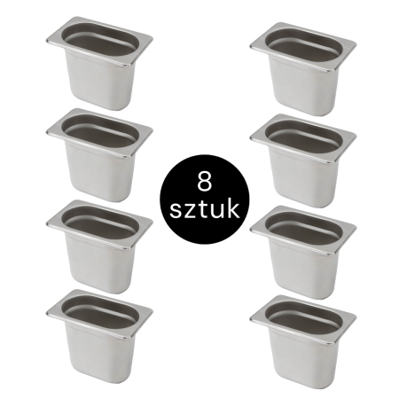 Pojemnik GN 1/9 ze stali nierdzewnej Mega-M 17,6×10,8×15 cm zestaw 8 szt. kreuj swój biznes z Wyposażenie sklepów i instytucji  - Kreuj swój biznes z 4store.pl