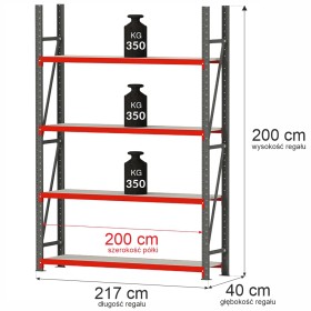 Regał metalowy magazynowy 4-półkowy Mega-M FORTIS H-200 cm L-217 cm G-40 cm moduł bazowy