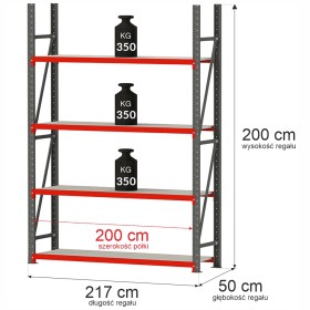 Regał metalowy magazynowy 4-półkowy Mega-M FORTIS H-200 cm L-217 cm G-50 cm moduł bazowy