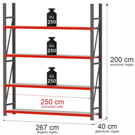 Regał metalowy magazynowy 4-półkowy Mega-M FORTIS H-200 cm L-267 cm G-40 cm moduł bazowy kreuj swój biznes z Wyposażenie sklepów i instytucji  - Kreuj swój biznes z 4store.pl