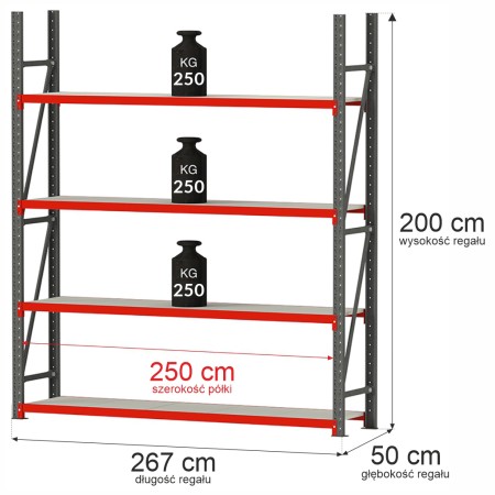 Regał metalowy magazynowy 4-półkowy Mega-M FORTIS H-200 cm L-267 cm G-50 cm moduł bazowy kreuj swój biznes z Wyposażenie sklepów i instytucji  - Kreuj swój biznes z 4store.pl