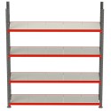 Regał magazynowy Mega-M FORTIS 200x267x50 cm - widok z przodu, 4 półki z czerwonymi belkami