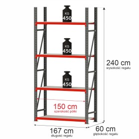 Regał metalowy magazynowy 4-półkowy Mega-M FORTIS H-240 cm L-167 cm G-60 cm moduł bazowy