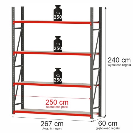 Regał metalowy magazynowy 4-półkowy Mega-M FORTIS H-240 cm L-267 cm G-60 cm moduł bazowy kreuj swój biznes z Wyposażenie sklepów i instytucji  - Kreuj swój biznes z 4store.pl