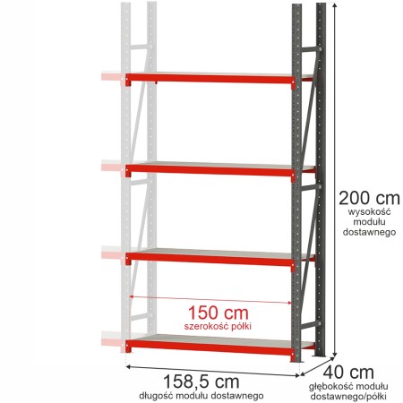 Regał metalowy magazynowy 4-półkowy Mega-M FORTIS H-200 cm L-158.5 cm G-40 cm moduł dostawny kreuj swój biznes z Wyposażenie sklepów i instytucji  - Kreuj swój biznes z 4store.pl