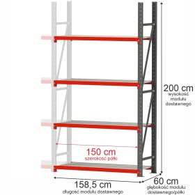 Regał metalowy magazynowy 4-półkowy Mega-M FORTIS H-200 cm L-158.5 cm G-60 cm moduł dostawny