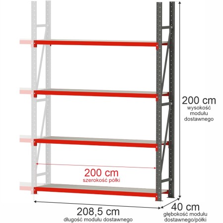 Regał metalowy magazynowy 4-półkowy Mega-M FORTIS H-200 cm L-208.5 cm G-40 cm moduł dostawny kreuj swój biznes z Wyposażenie sklepów i instytucji  - Kreuj swój biznes z 4store.pl