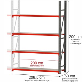 Regał metalowy magazynowy 4-półkowy Mega-M FORTIS H-200 cm L-208.5 cm G-60 cm moduł dostawny