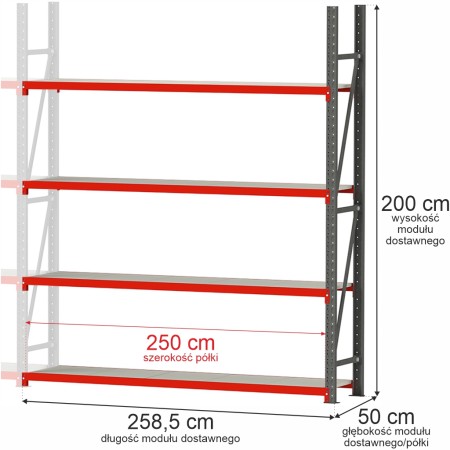 Regał metalowy magazynowy 4-półkowy Mega-M FORTIS H-200 cm L-258.5 cm G-50 cm moduł dostawny kreuj swój biznes z Wyposażenie sklepów i instytucji  - Kreuj swój biznes z 4store.pl