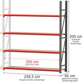 Regał metalowy magazynowy 4-półkowy Mega-M FORTIS H-200 cm L-258.5 cm G-60 cm moduł dostawny