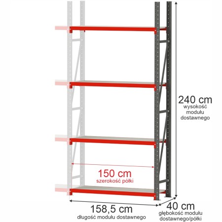 Regał metalowy magazynowy 4-półkowy Mega-M FORTIS H-240 cm L-158.5 cm G-40 cm moduł dostawny kreuj swój biznes z Wyposażenie sklepów i instytucji  - Kreuj swój biznes z 4store.pl