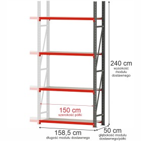 Regał metalowy magazynowy 4-półkowy Mega-M FORTIS H-240 cm L-158.5 cm G-50 cm moduł dostawny