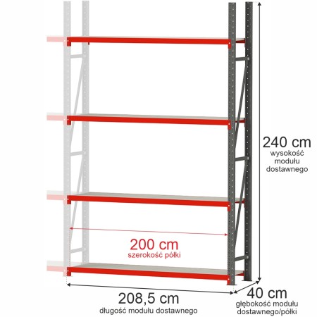 Regał metalowy magazynowy 4-półkowy Mega-M FORTIS H-240 cm L-208.5 cm G-40 cm moduł dostawny kreuj swój biznes z Wyposażenie sklepów i instytucji  - Kreuj swój biznes z 4store.pl