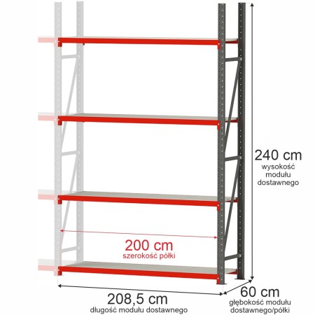 Regał metalowy magazynowy 4-półkowy Mega-M FORTIS H-240 cm L-208.5 cm G-60 cm moduł dostawny kreuj swój biznes z Wyposażenie sklepów i instytucji  - Kreuj swój biznes z 4store.pl