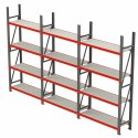 Regał magazynowy Mega-M FORTIS 200x484x50 cm - widok z boku, trzy sekcje po cztery półki