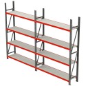 Regał magazynowy Mega-M FORTIS 200x425,5x50 cm - dwie sekcje po cztery półki, widok z przodu