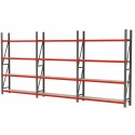 Regał magazynowy Mega-M FORTIS 634 cm - widok z boku, trzy sekcje z czterema półkami